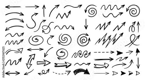 Hand drawn arrow collection with swirling lines on black background
