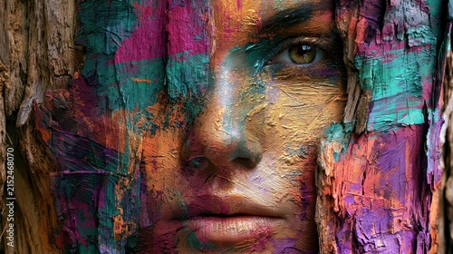 Vibrant bark portrait: human face emerges from textured wood with bright colors