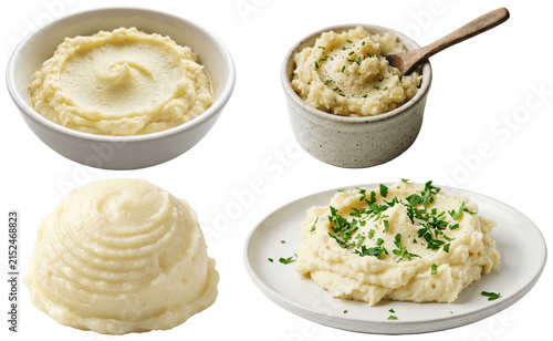 Canvastavla A collection of creamy mashed potato servings presented in different dishes and styles