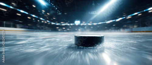 Dynamic close-up of a hockey puck sliding across ice with motion blur,speed and energy in a professional sports action shot.