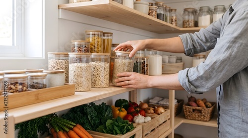 Person organizing pantry with clear glass jars filled with grains and vegetables in wooden crates