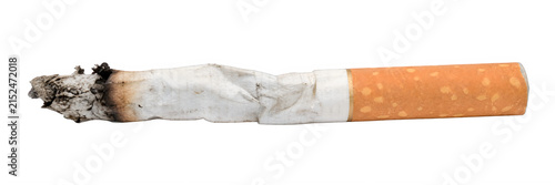 Canvas Print Close up view of single used cigarette with ash filter isolated on transparent background representing health dangers and smoking addiction consequences in visual safety media