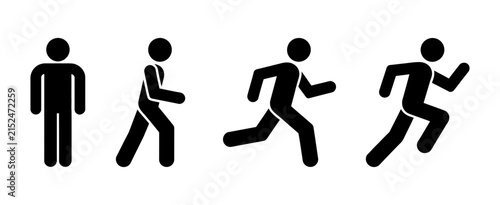 Standing, walking and running man icon set featuring human motion symbols for movement, activity, exercise, direction, fitness, and navigation