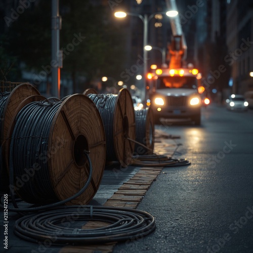 Electrical utility truck and cable spools at road maintenance construction site