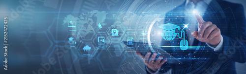 Academic advisor pointing distance learning platform. Educator using tab analyzing remote education course engagement and student portal on hologram screen. E-learning and online study.