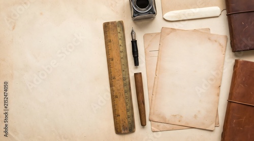 Top down view of vintage writing tools including a fountain pen, wooden ruler and inkwell on blank aged parchment.