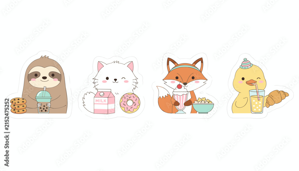 Obraz premium Set of four adorable cartoon animal stickers enjoying delicious snacks, sweet treats, and drinks.