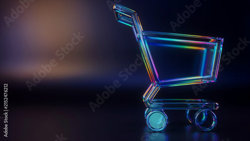 Glowing digital shopping cart symbol against dark backdrop with shopping commerce business consumer technology abstract marketing colorful