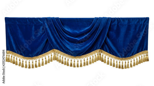 Blue velvet valance curtain with gold tassel trim
