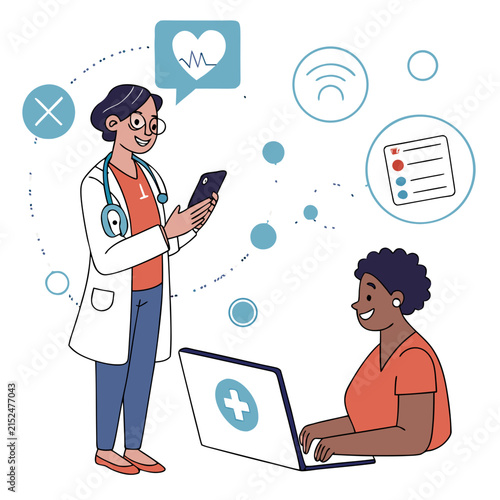 Doctor and colleague working with a laptop and smartphone in a medical office in a flat line nurse healthcare