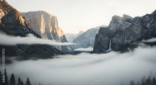 Majestic Mountain Valley veiled in morning mist with a distant waterfall and sunlit peaks suggesting adventure and tranquility