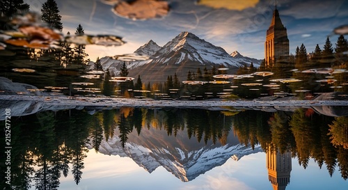 Majestic snow-capped mountain range reflected in serene lake during golden hour with autumn trees and a distant clock tower