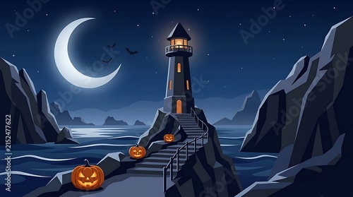 Spooky halloween lighthouse scene with glowing jack o lanterns on a rocky cliff under a crescent moon