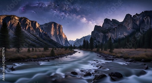 Majestic Yosemite Valley with Milky Way during twilight over flowing river and rugged mountains