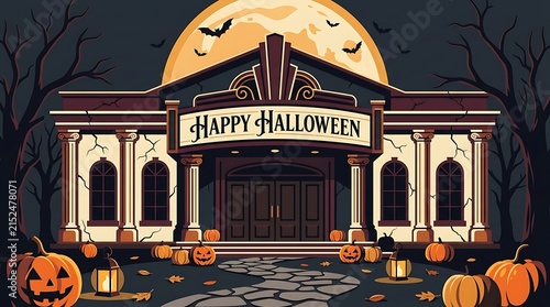 Spooky haunted mansion with glowing jackolanterns under a full moon on halloween night