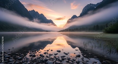 Misty mountain lake at dawn with reflection and smooth water surface during sunrise