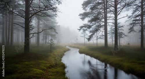 Misty forest stream winding through pine trees with reflections during overcast day