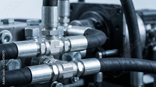 Technical view of industrial machine concept with metal fittings and high pressure pipes.