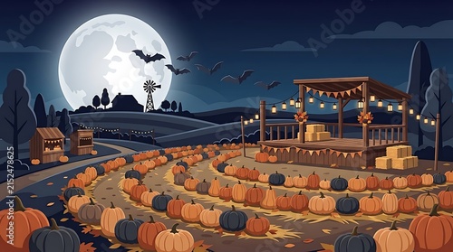 Spooky halloween night scene with pumpkins bats and a full moon in a town
