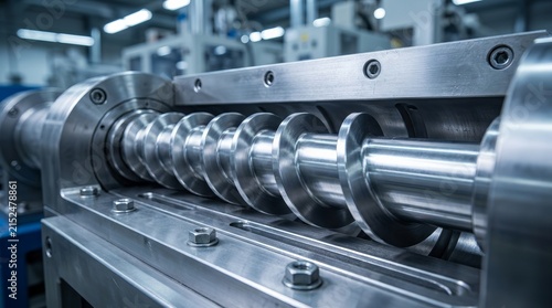 Metal spiral screw shaft used in plastic extrusion technology for manufacturing industrial products.