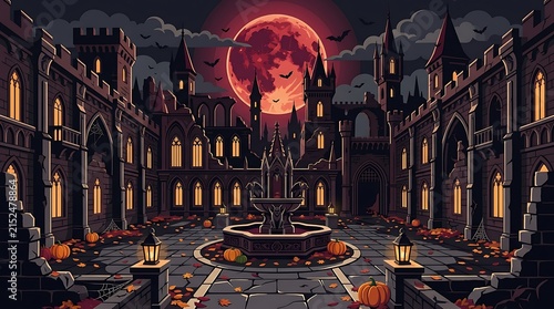 Dramatic gothic castle illuminated by a full blood moon in a stormy night scene