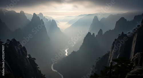 Misty Mountain Valley with River during Sunrise Majestic Landscape