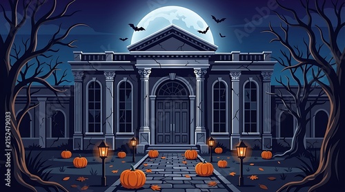 Spooky haunted mansion illuminated by moonlight with pumpkins and bare trees