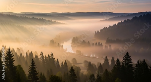 Misty river valley with evergreen forest during golden hour sunrise with sunbeams through fog