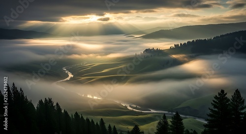 Misty Tuscan Valley Sunrise with Sunbeams illuminating Rolling Hills and River