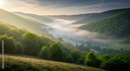 Misty valley landscape during sunrise with sunbeams illuminating green rolling hills and trees