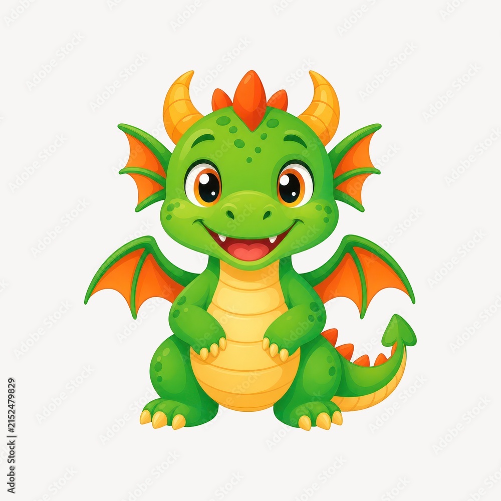 Fototapeta premium Cute cartoon green dragon with orange wings and horns, smiling.