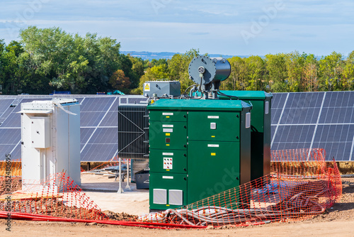 Solar farm inverter and transformer substation station to convert the electricity to the correct current for the grid
