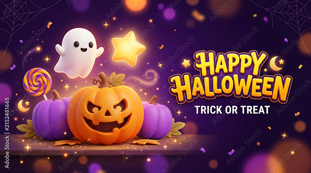 Fototapeta premium Happy Halloween spooky pumpkins and ghost with stars and lollipop on purple background