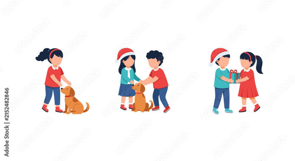 Fototapeta premium Flat vector illustration set featuring children celebrating Christmas, including a girl petting a dog, siblings with a puppy, and a boy giving a holiday gift to a girl on a white background.