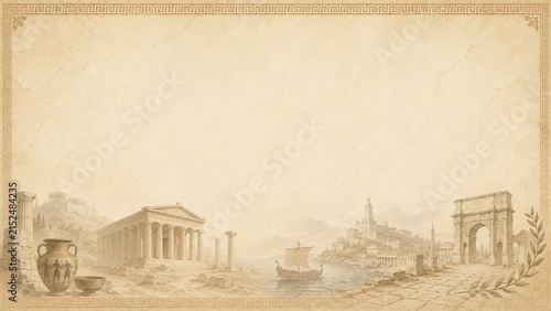 Ancient landscape with Greek temple, arch, ship and amphora in decorative frame on parchment