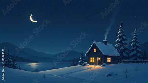Cozy winter cabin with chimney smoke under moon beside lake at night