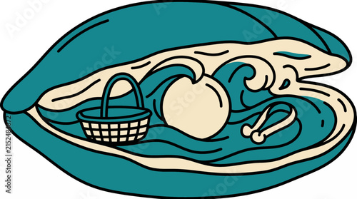 Flat clam shell icon with pearl basket and hook commerce merchandising