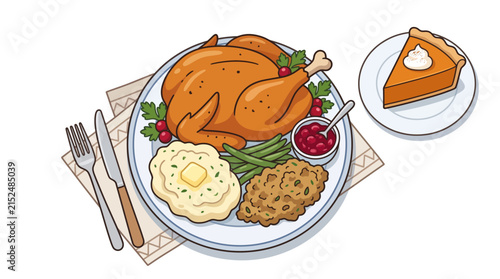 Hand drawn Thanksgiving dinner set with roast turkey and pumpkin pie culinary arts