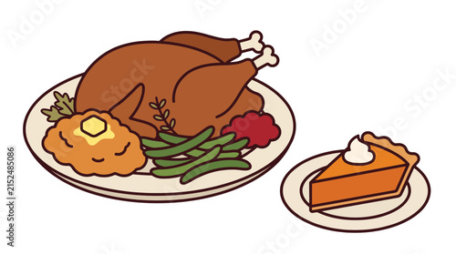 Flat Thanksgiving dinner set with roasted turkey and pumpkin pie culinary arts