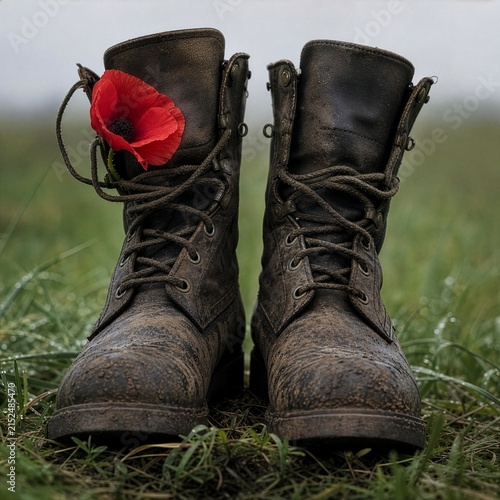 Old worn military boots with a red poppy flower standing in a grassy field, concept of Remembrance Day, war memorial, tribute to fallen soldiers and veterans