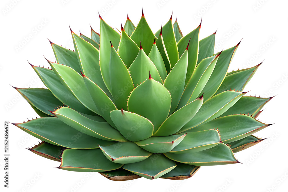 Fototapeta premium A vibrant green agave plant with sharp spiky leaves isolated on a white background isolated on transparent background