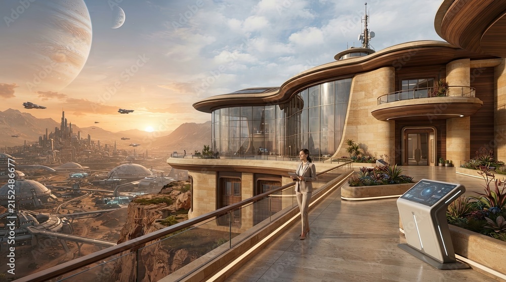 Fototapeta premium Futuristic city on an alien planet with a woman in a suit on a balcony