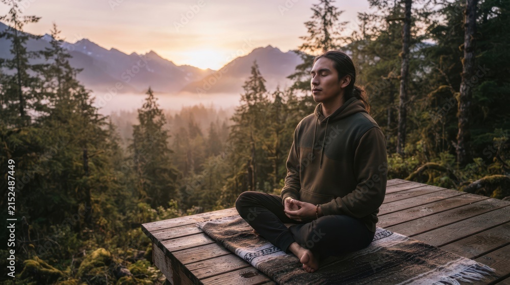 Fototapeta premium Man meditating peacefully in a serene forest landscape at sunrise