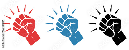 Foto Fist hitting outline, knocking fist icon set featuring red, blue, and black hand