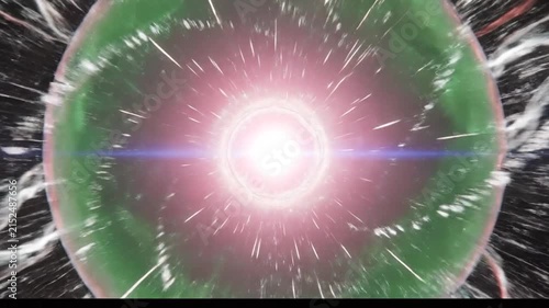 A glowing green sphere radiates energy waves in a dark cosmic void
