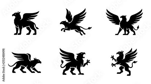 Konstfotografi 70 Mythical Griffin Icons, Majestic Winged Lion-Eagle Creatures, Heraldic Symbol