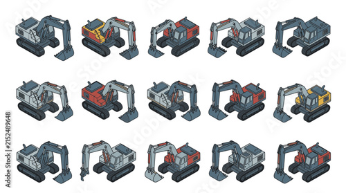 Industrial Set of Diverse Excavators with Color Variations and Attachments with high quality professional line art symbols for modern creative design and digital branding projects