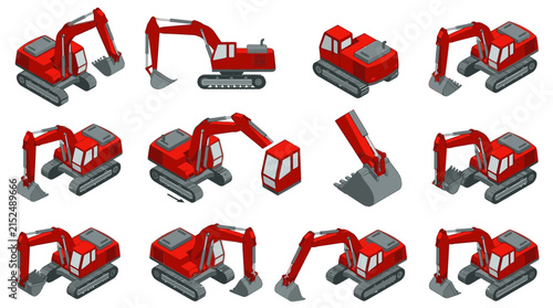 Minimalist Collection of Red and Gray Construction Excavators in Various Positions and Angles with high quality professional line art symbols for modern creative design and digital branding projects
