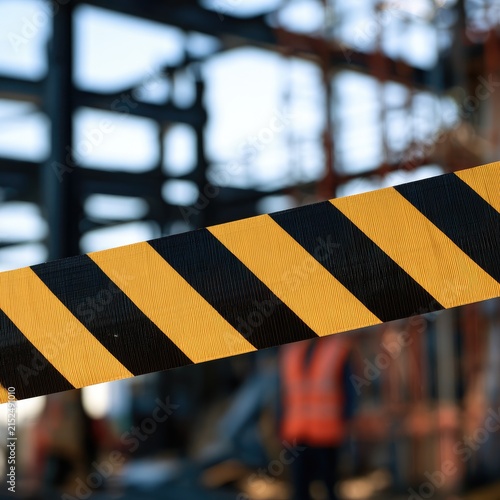 Yellow and black hazard tape blocks a blurry construction site with a worker