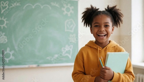 Joyful little schoolgirl holding notebooks and pencils near chalkboard with drawings, cheerful classroom portrait for back to school, education and childhood happiness concepts